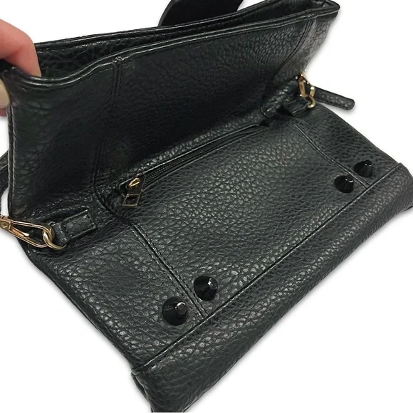 Black Leather Gunmetal Rivets Clutch Crossbody Bag NWOT - Picture 7 of 14